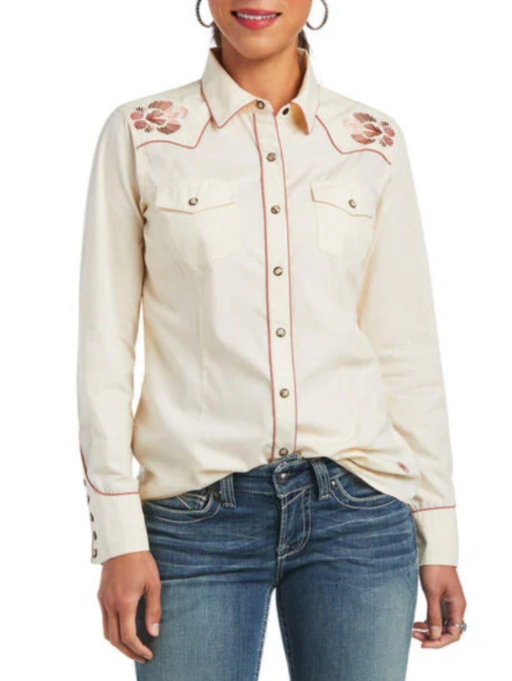 Ariat Cream Western Snap-Front Shirt with Rose Embroidery